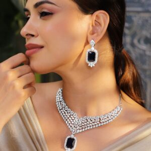 Rhodium-Plated Blue Sapphire & White Cubic Zirconia Studded Luxe V-Shaped Statement Necklace Set - Blue