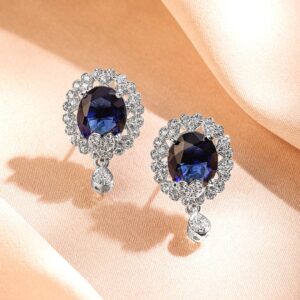 Rhodium-Plated Blue Sapphire & White Cubic Zirconia Studded Oval Statement Earrings with Drop Detailing