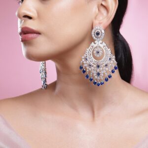 Rhodium-Plated Blue Sapphire & White Cubic Zirconia Studded Premium Chandelier Earrings