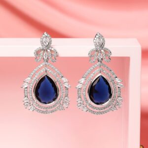 Rhodium-Plated Blue Sapphire & White Cubic Zirconia Studded Teardrop Design Drop Earrings