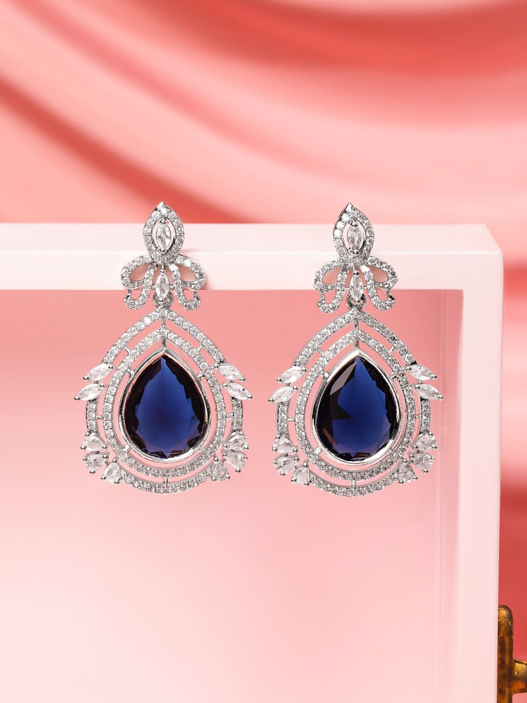 Rhodium-Plated Blue Sapphire & White Cubic Zirconia Studded Teardrop Design Drop Earrings
