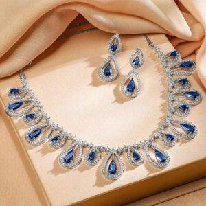 Rhodium Plated Blue Sapphire & White Cubic Zirconia Studded Teardrop Design Premium Jewellery Set - Blue