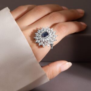 Rhodium-Plated Blue Sapphire & White CubicZirconia Studded Adjustable Cocktail Ring