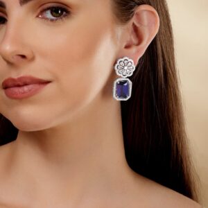 Rhodium Plated Blue Sapphire Zirconia Dangle Earrings - Silver::Blue