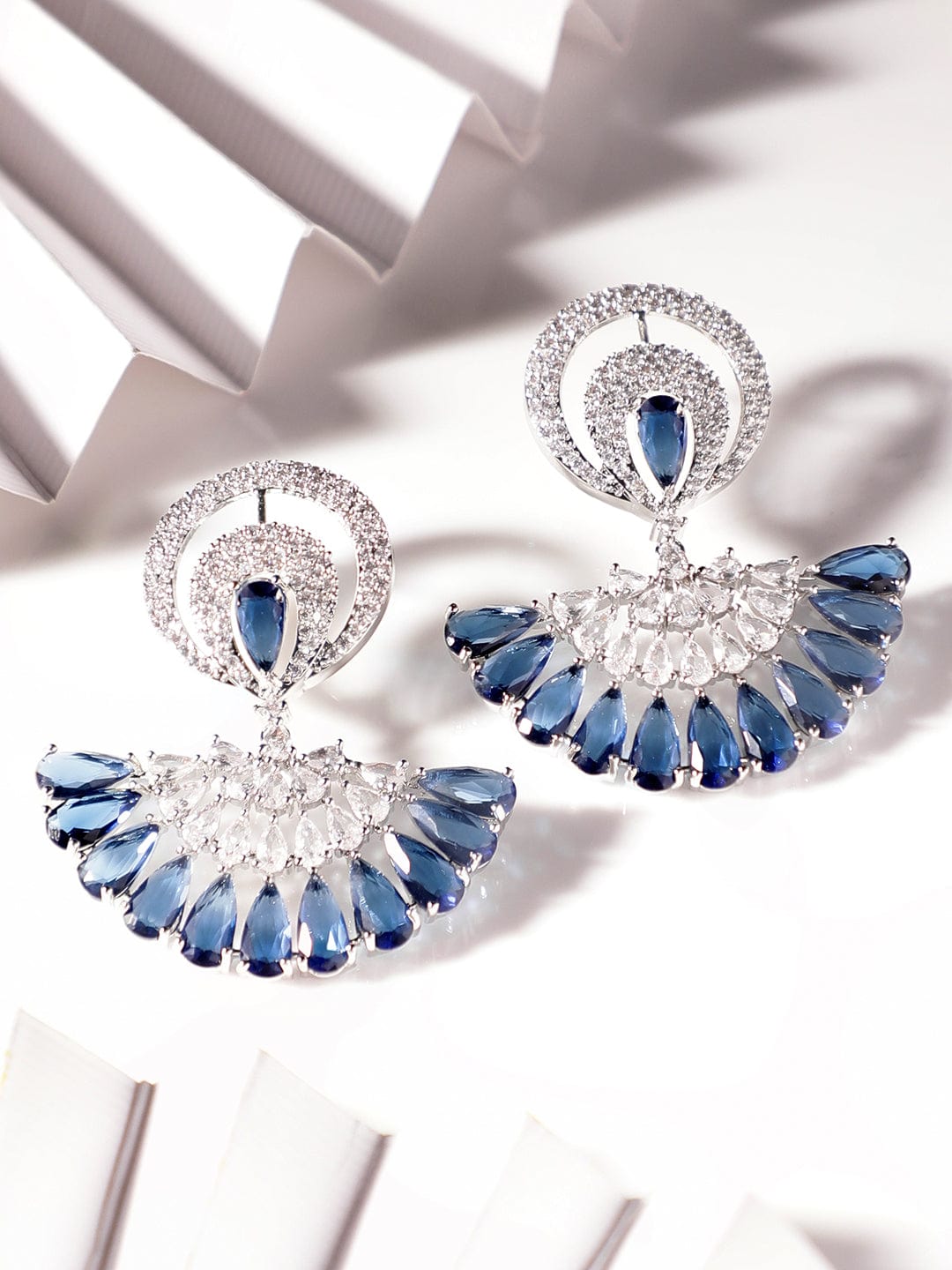 Rhodium Plated Blue Sapphire Zirconia Studded Chic Dangle Earrings - Silver::Blue