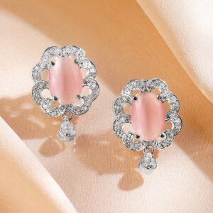 Rhodium-Plated Blush Pink Stone & White Cubic Zirconia Drop Stud Earrings with Floral Frame