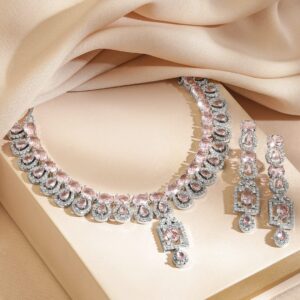 Rhodium-Plated Blush Pink Stone & White Cubic Zirconia Studded Statement Necklace Set