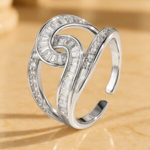 Rhodium-Plated Brass Linked Curve Design Cubic Zirconia Adjustable Finger Ring
