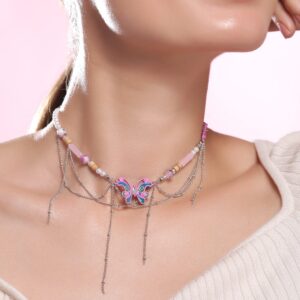 Rhodium-Plated Butterfly Pendant Layered Choker Necklace - Silver