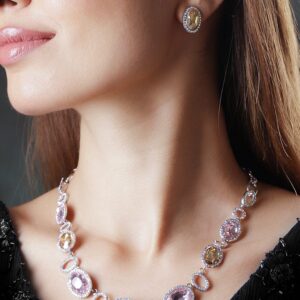 Rhodium-Plated Cherry and Golden Studded Multi-Color Rhinestones Embellished Necklace Set - Multicolor