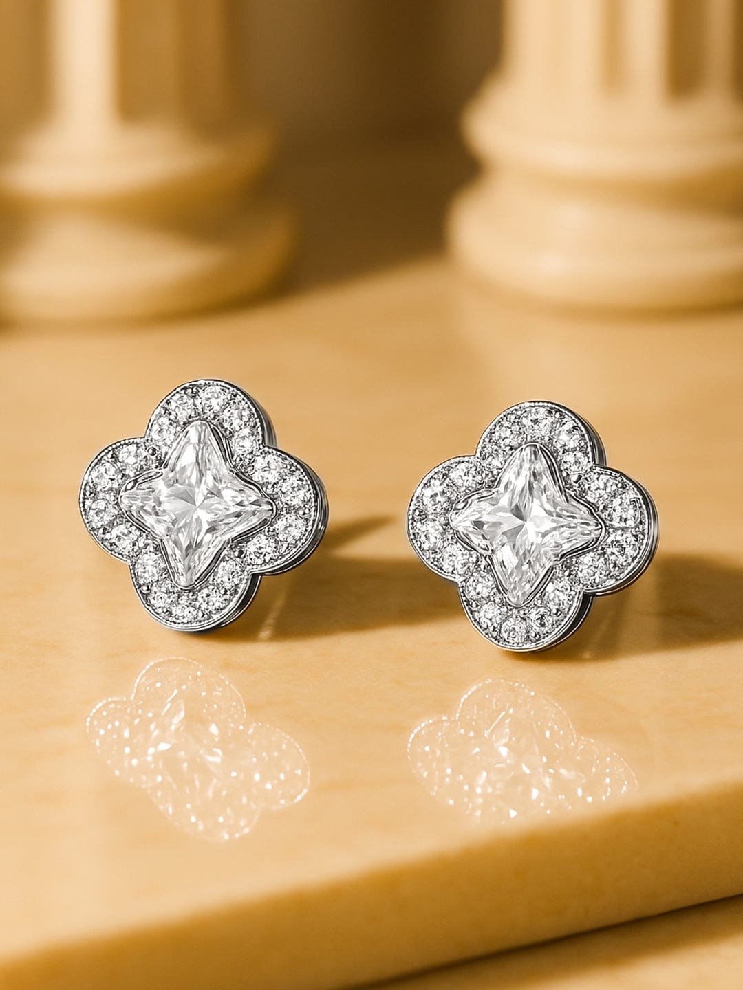 Rhodium-Plated Clover Design Cubic Zirconia Stud Earrings - Silver