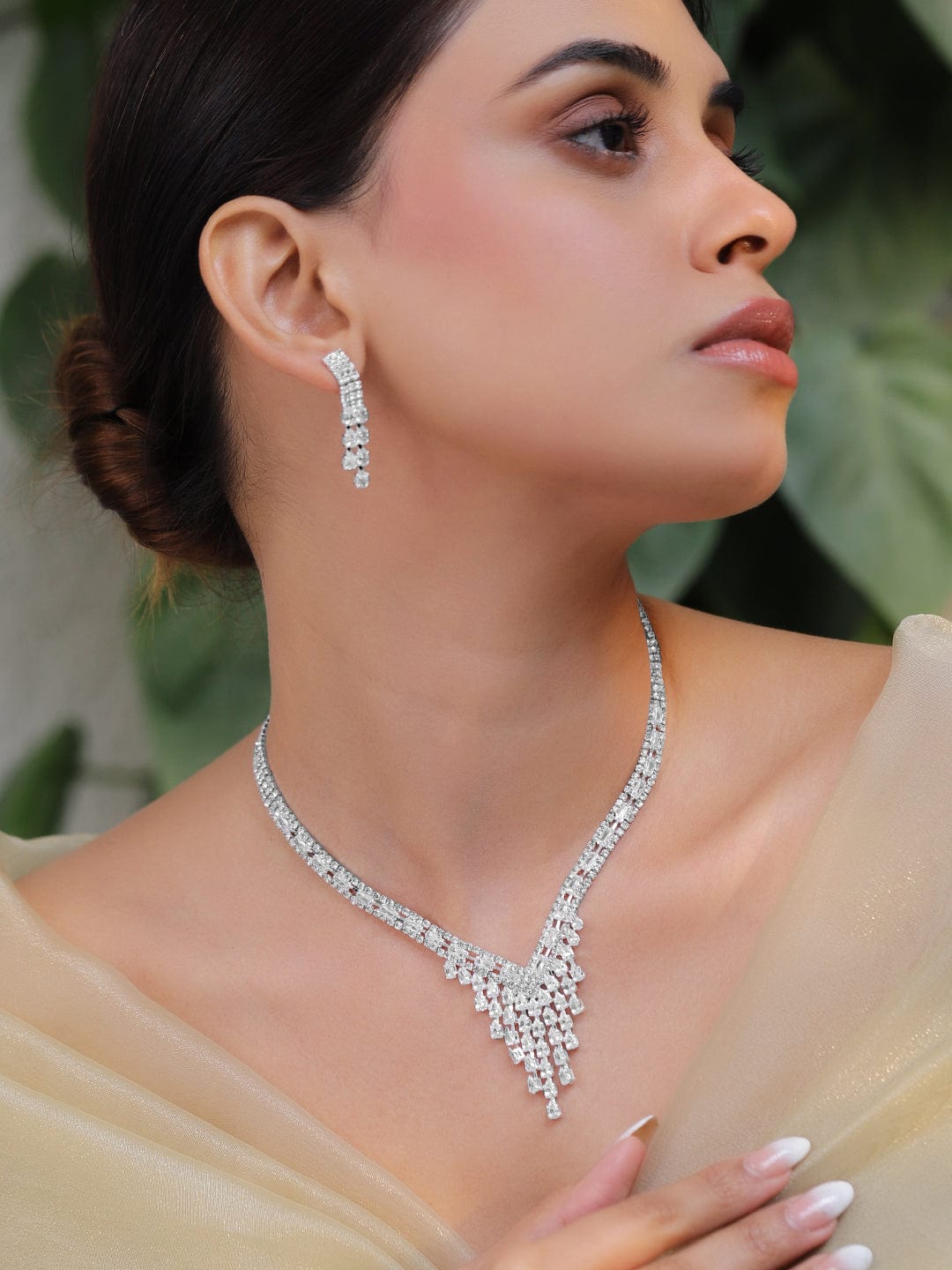 Rhodium-Plated Crystal AD and Cubic Zirconia Stone Studded Jewellery Set