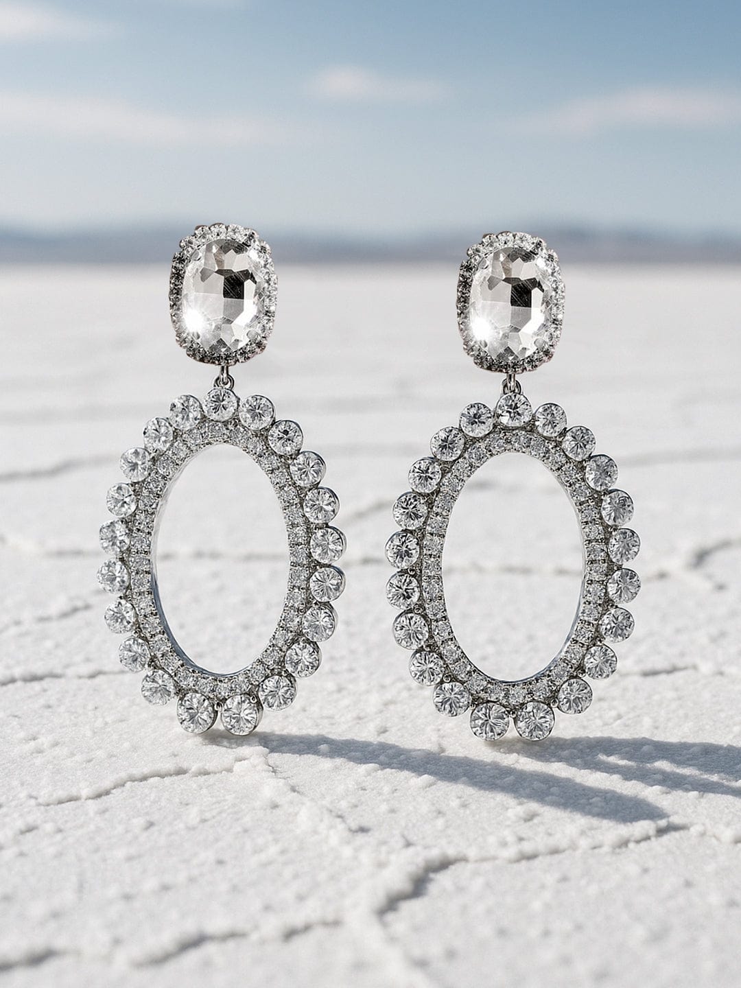 Rhodium-Plated Crystal AD & Cubic Zirconia Studded Oval Drop Earrings - Silver