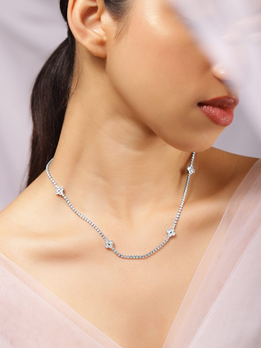 Rhodium Plated Crystal Cubic Zirconia Studded Floral Motif Luxe Tennis Necklace - Silver