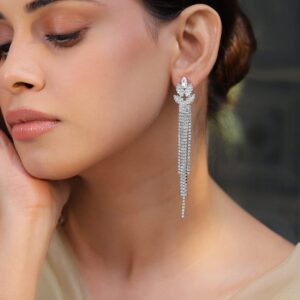 Rhodium-Plated Crystal Dangle Tassel Earrings - Silver