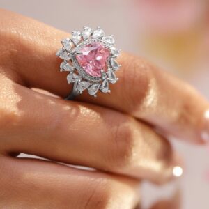 Rhodium-Plated Crystal Pink Heart-Shaped Cubic Zirconia Halo Adjustable Statement Ring
