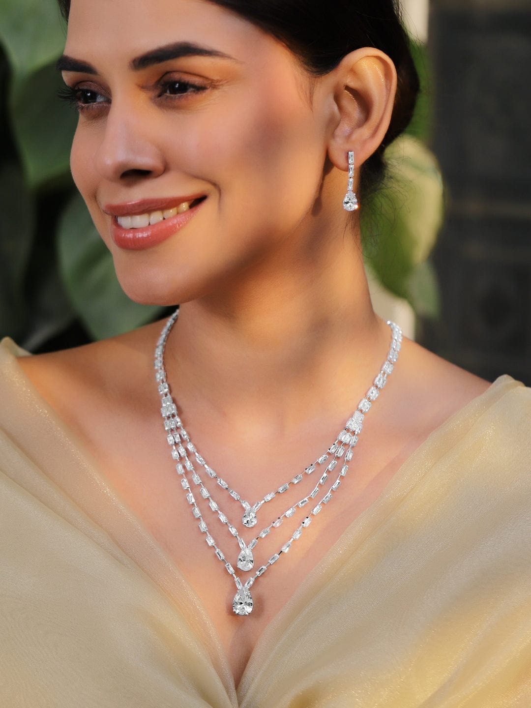 Rhodium Plated Crystal-Studded Layered Jewellery Set - Silver