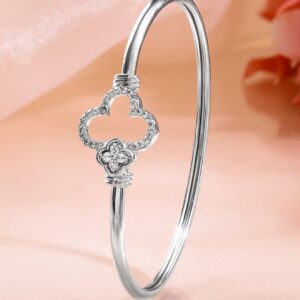 Rhodium-Plated Crystal Zirconia Studded Clover Motif Sleek Bracelet - Silver