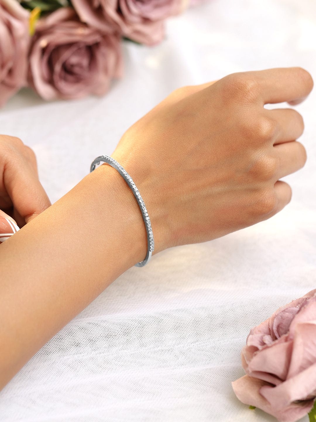 Rhodium Plated Cubic Zirconia Bangle Style Bracelet - Silver