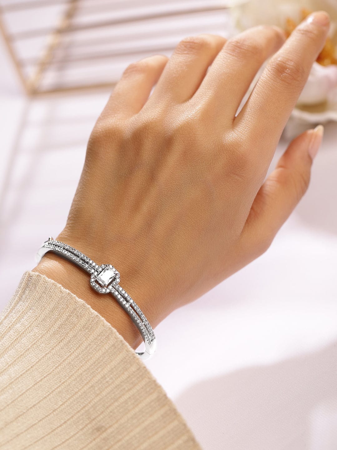 Rhodium-Plated Cubic Zirconia Dual Band Openable Bracelet – Statement Jewelry - Silver