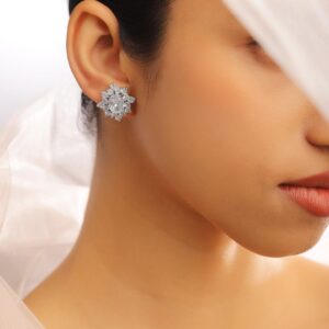 Rhodium-Plated Cubic Zirconia Floral Cluster Stud – Elegant Statement Jewelry - Silver
