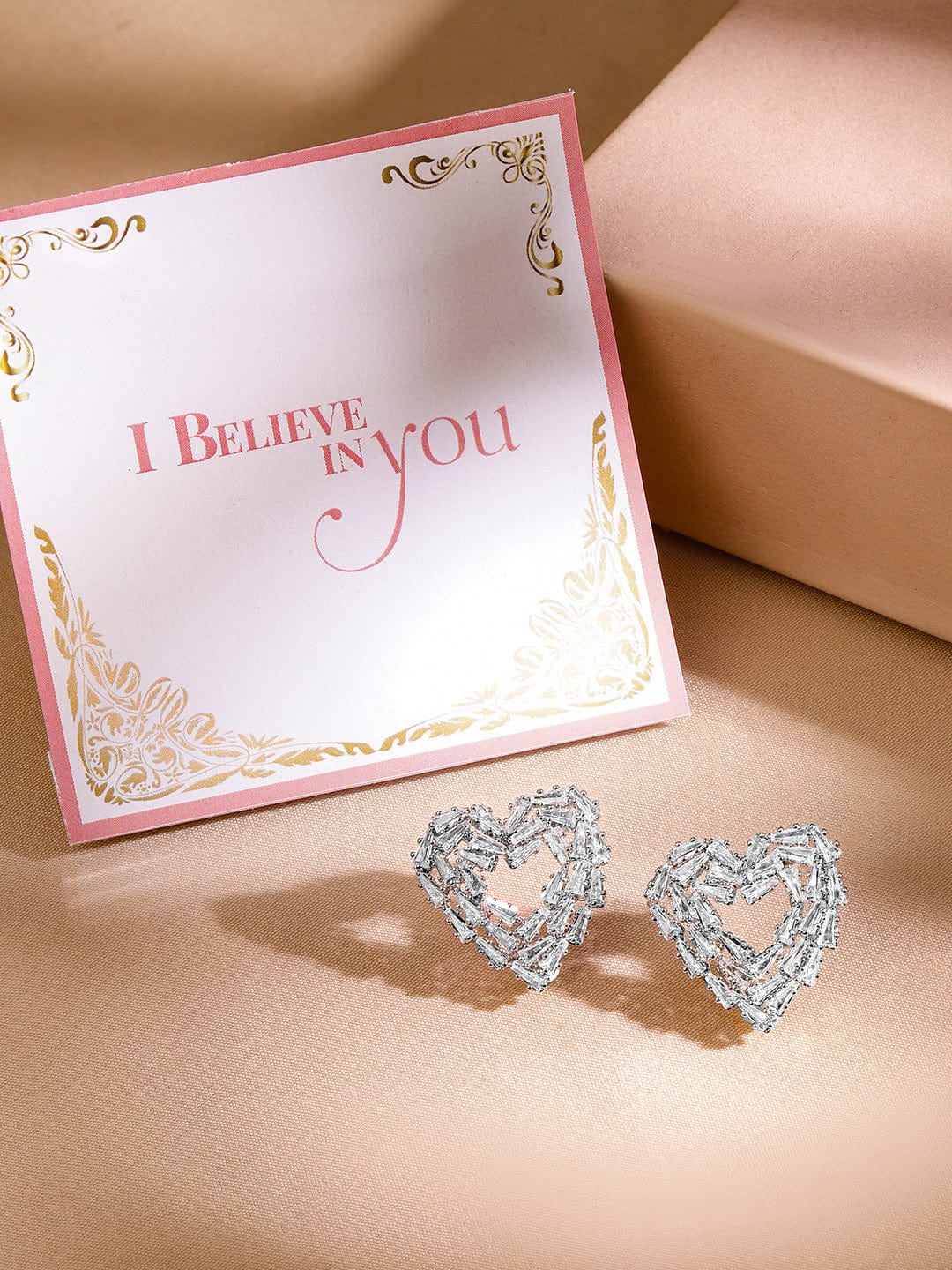 Rhodium Plated Cubic Zirconia Heart Shape Stud Earrings - Silver