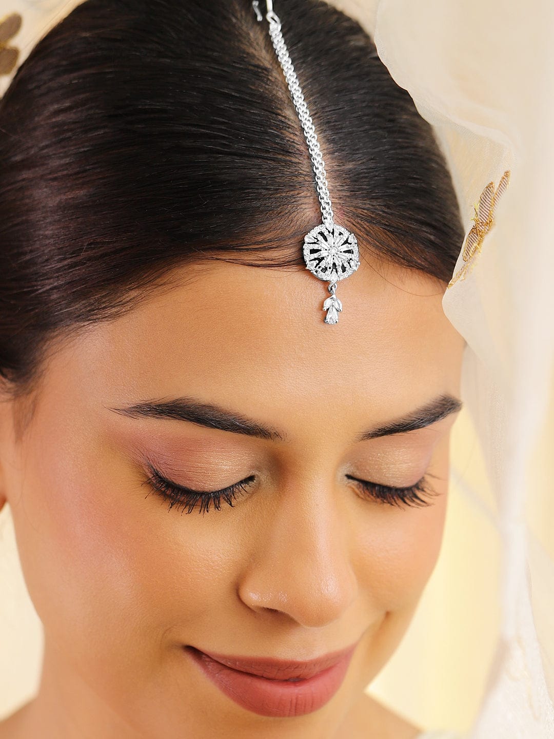 Rhodium Plated Cubic Zirconia Maang Tikka - Silver