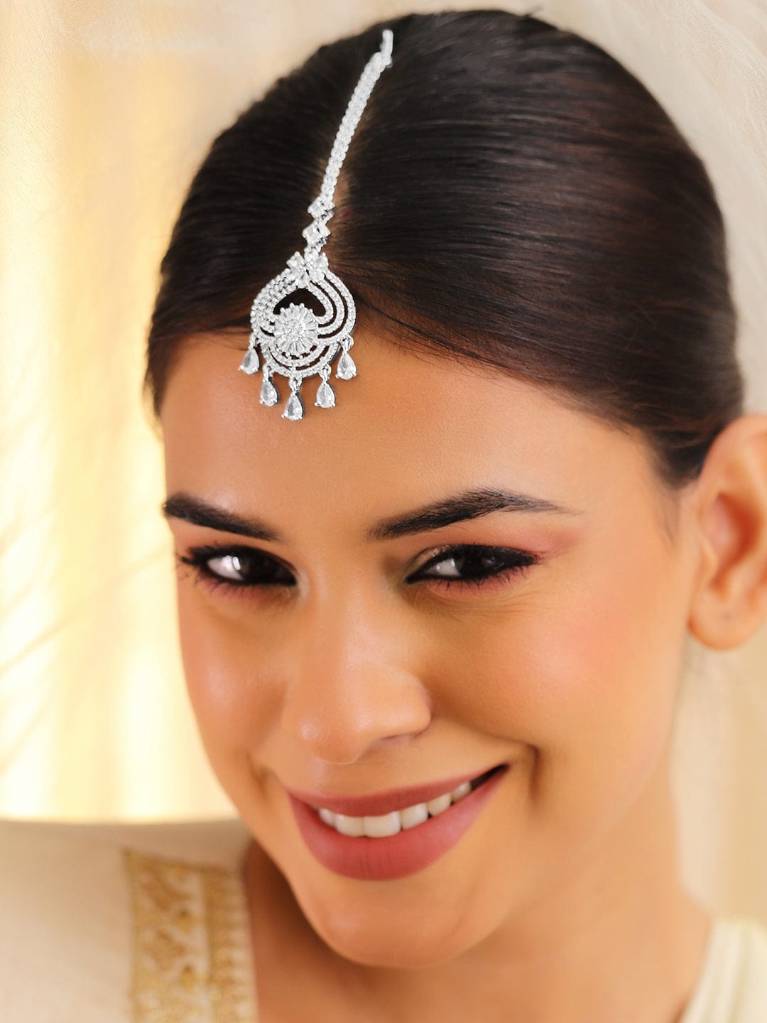 Rhodium Plated Cubic Zirconia Maang Tikka - Silver