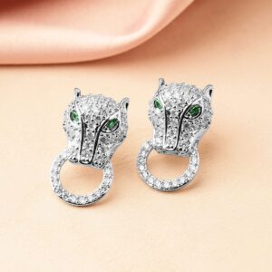 Rhodium-Plated Cubic Zirconia Panther Design Stud Earrings with Emerald Accents - Silver