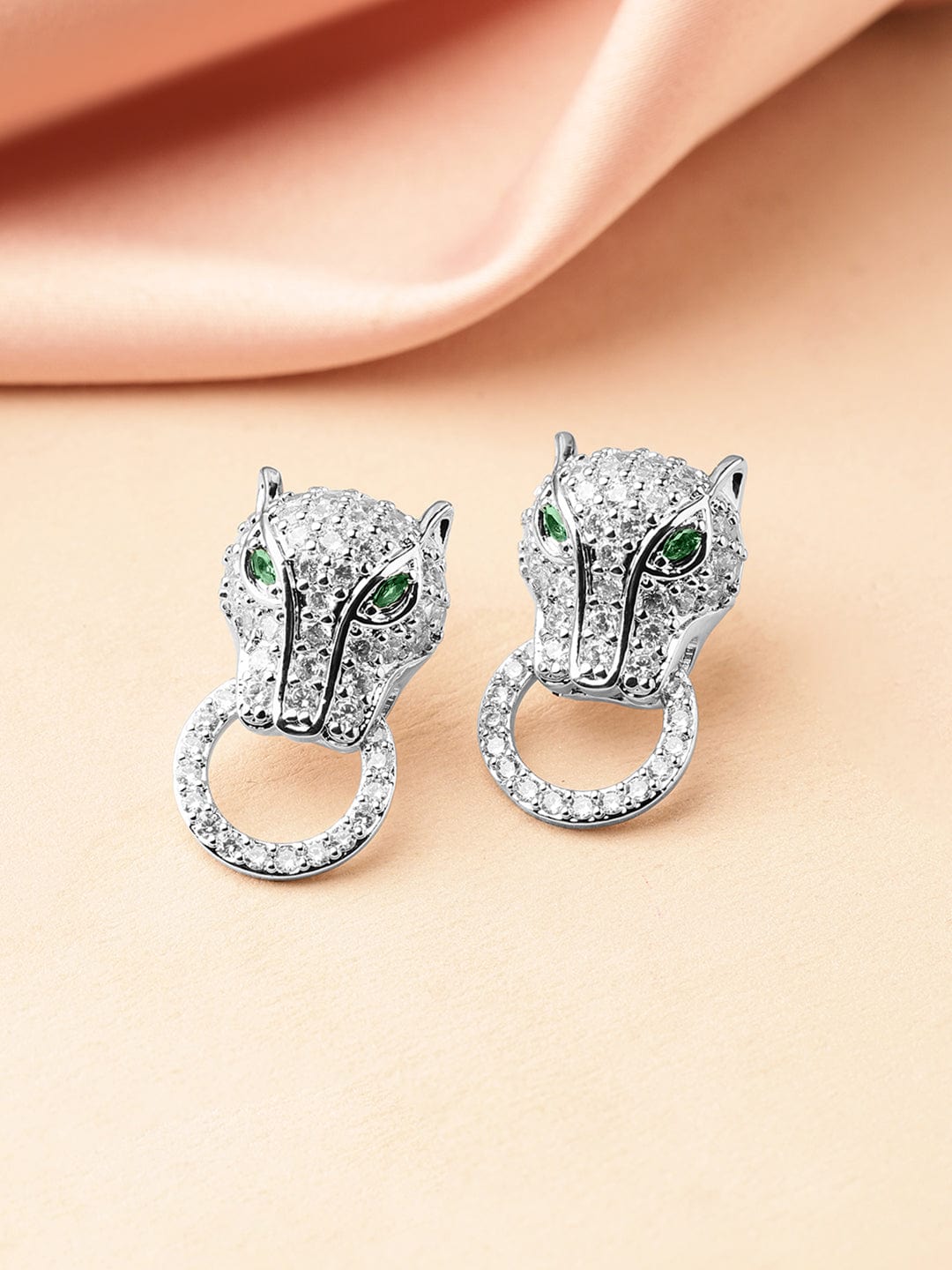 Rhodium-Plated Cubic Zirconia Panther Design Stud Earrings with Emerald Accents - Silver