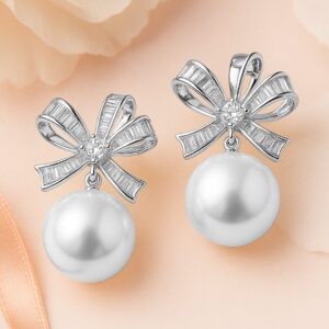 Rhodium-Plated Cubic Zirconia & Pearl Bow Design Stud Earrings - Silver
