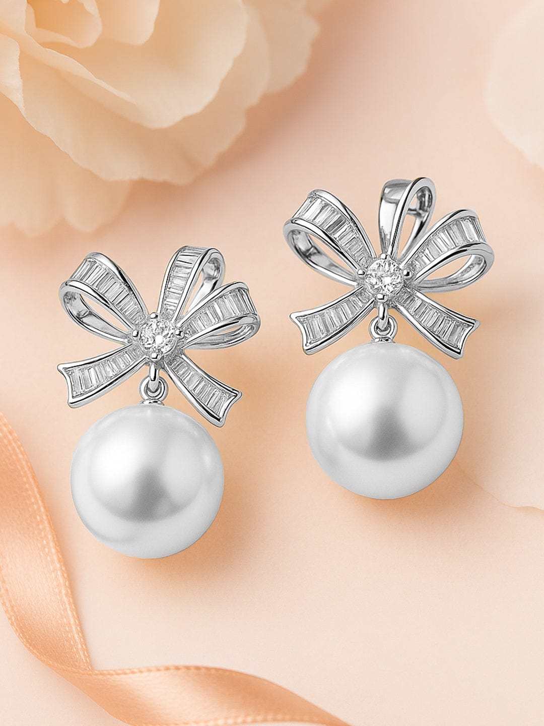 Rhodium-Plated Cubic Zirconia & Pearl Bow Design Stud Earrings - Silver