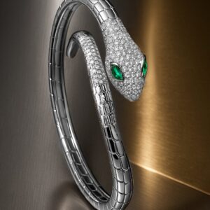 Rhodium-Plated Cubic Zirconia Snake-Inspired Openable Bracelet with Emerald Accents - Silver