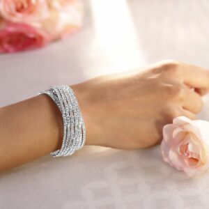 Rhodium-Plated Cubic Zirconia Stone Studded Cuff Openable Bracelet - Silver