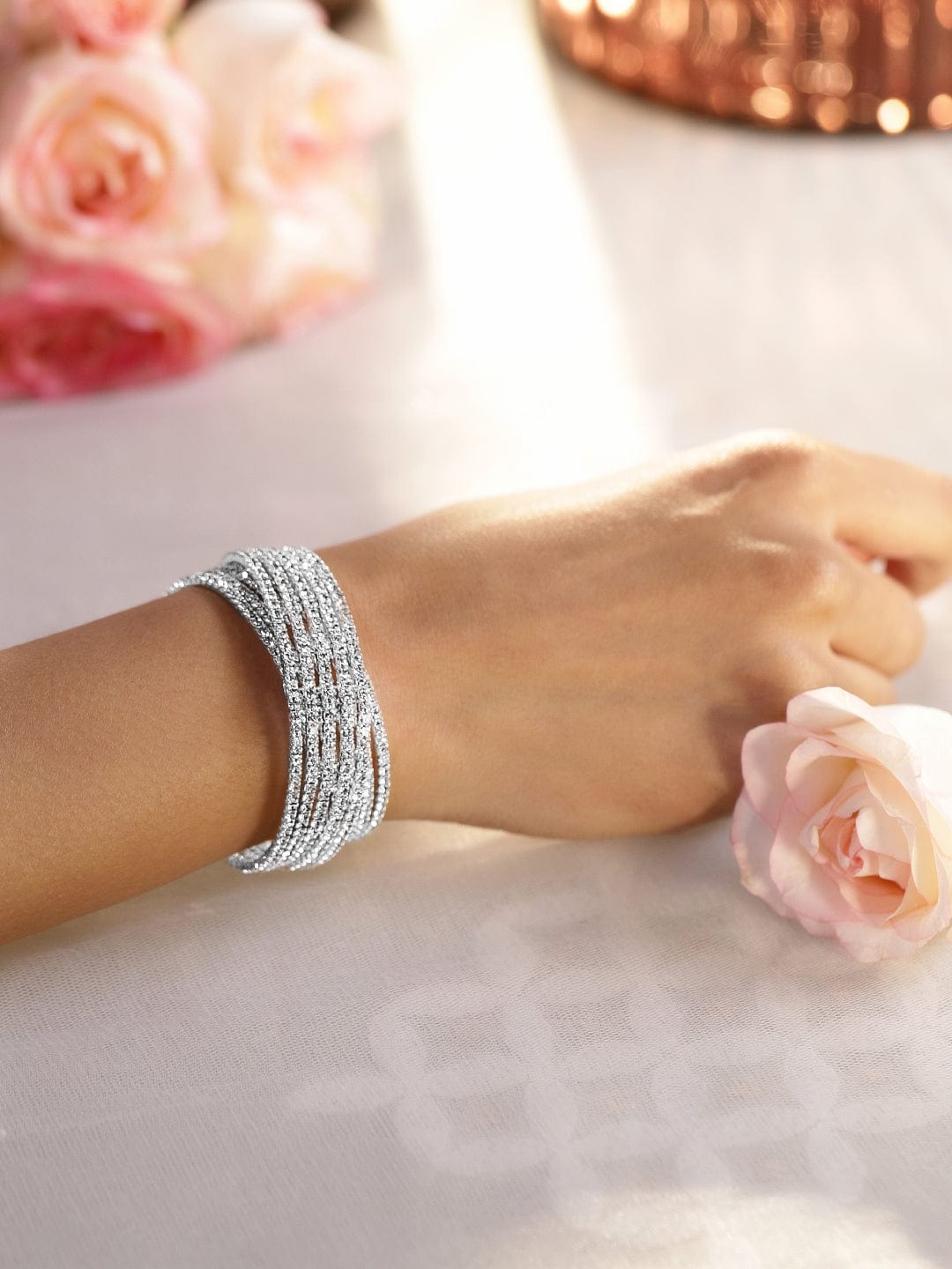 Rhodium-Plated Cubic Zirconia Stone Studded Cuff Openable Bracelet - Silver