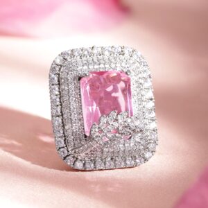 Rhodium-Plated Cubic Zirconia Studded Adjustable Finger Ring - Pink