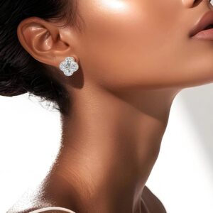 Rhodium-Plated Cubic Zirconia Studded Clover-Shaped Stud Earrings - Silver