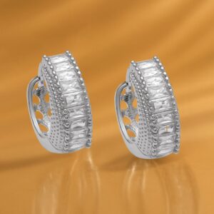 Rhodium-Plated Cubic Zirconia Studded Curved Half-Hoop Earrings