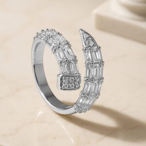 Rhodium-Plated Cubic Zirconia Studded Demi-Fine Serpent-Inspired Openable Ring - Silver