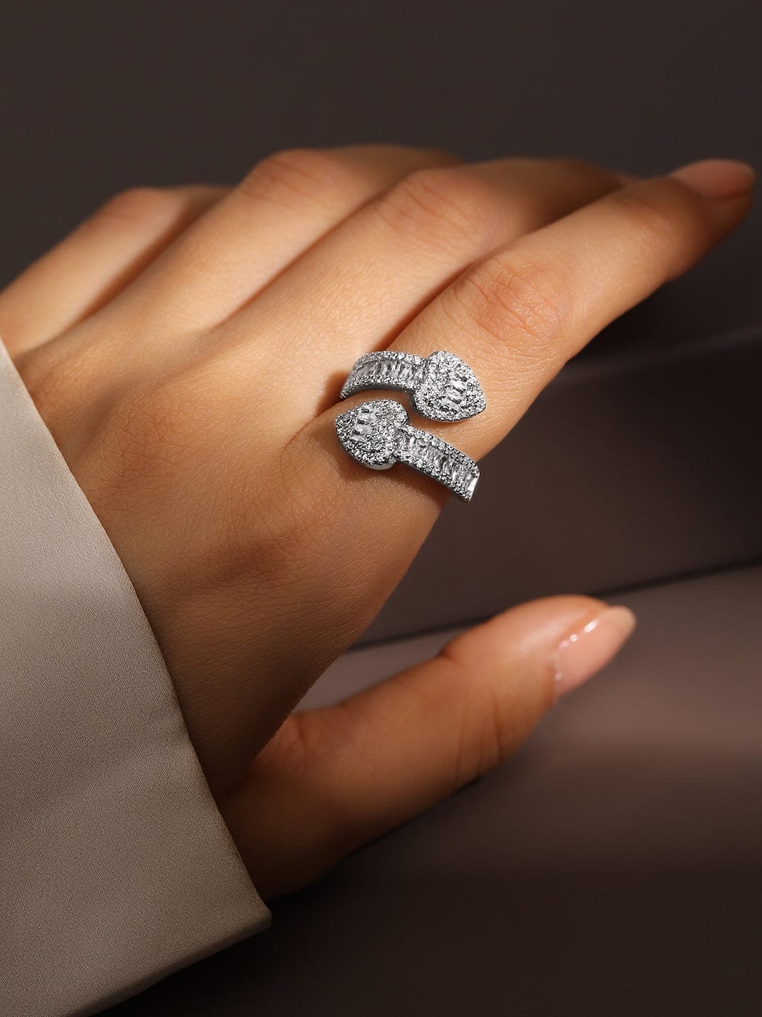 Rhodium-Plated Cubic Zirconia Studded Double Buckle Design Adjustable Ring - Silver