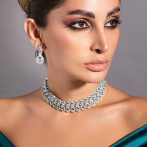 Rhodium-Plated Cubic Zirconia Studded Floral Design Choker Necklace Set - Silver