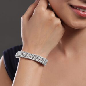 Rhodium Plated Cubic Zirconia Studded Floral Design Openable Bracelet - Silver