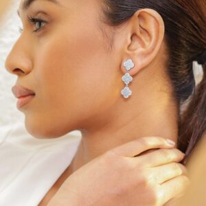 Rhodium-Plated Cubic Zirconia Studded Floral Drop Earrings - Silver