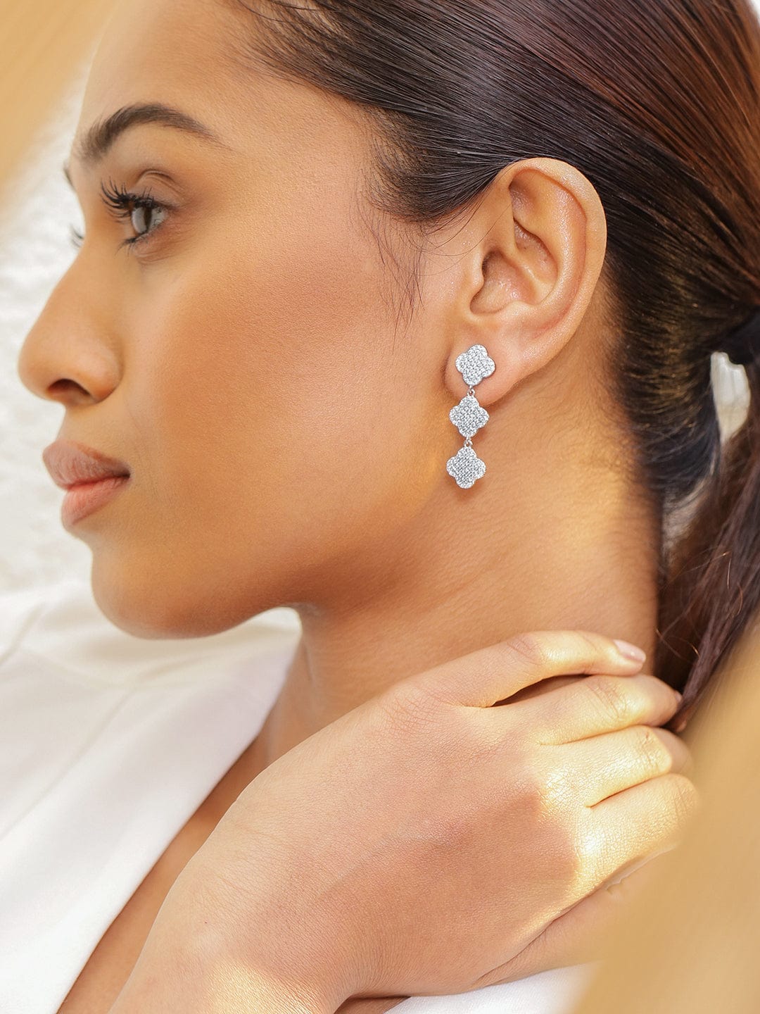 Rhodium-Plated Cubic Zirconia Studded Floral Drop Earrings - Silver