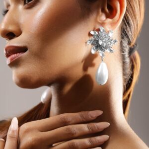 Rhodium-Plated Cubic Zirconia Studded Floral Earrings with White Pearl Drop - Silver