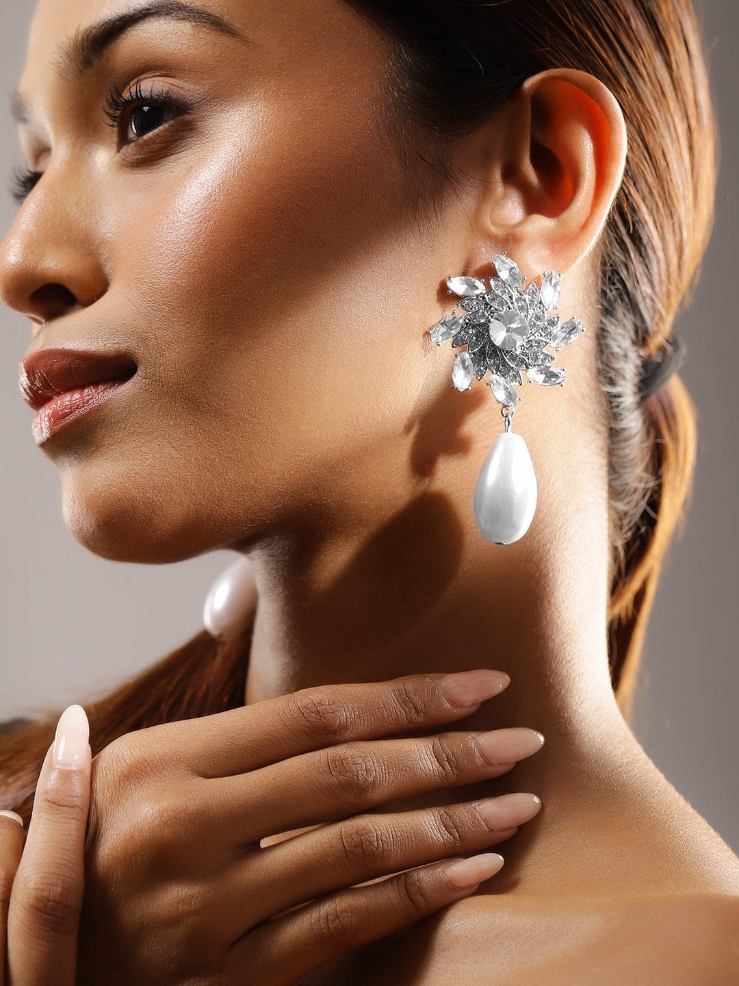 Rhodium-Plated Cubic Zirconia Studded Floral Earrings with White Pearl Drop - Silver