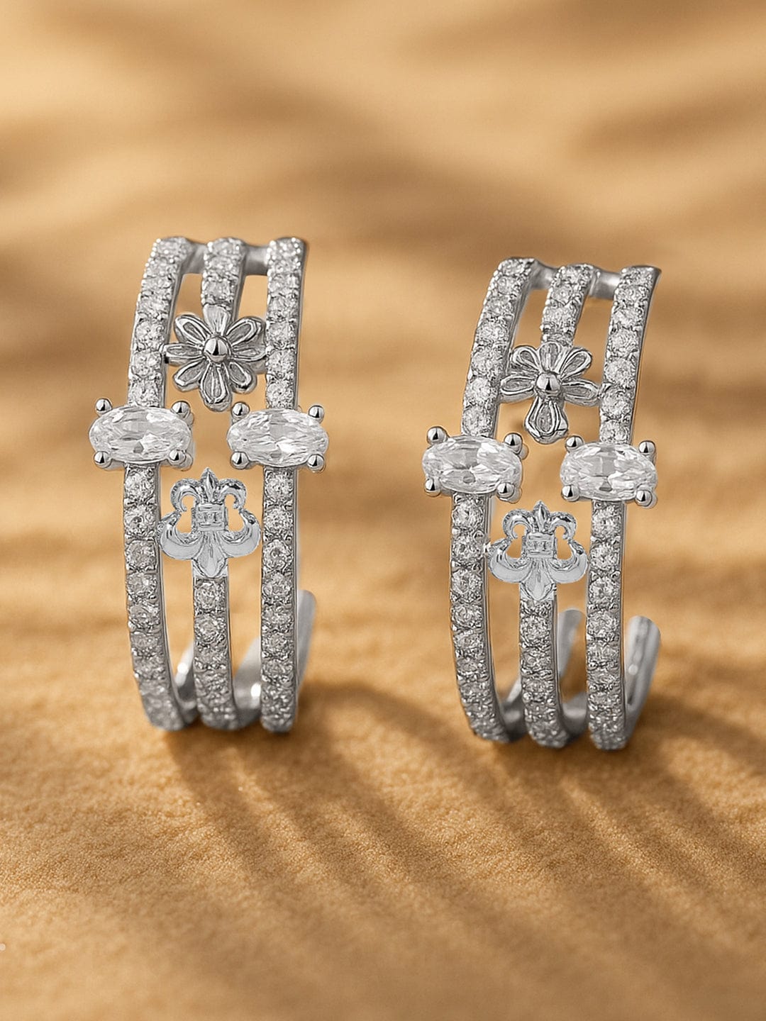 Rhodium Plated Cubic Zirconia Studded Floral Huggie Hoop Earrings - Gold