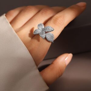 Rhodium-Plated Cubic Zirconia Studded Floral Openable Adjustable Statement Ring - Silver