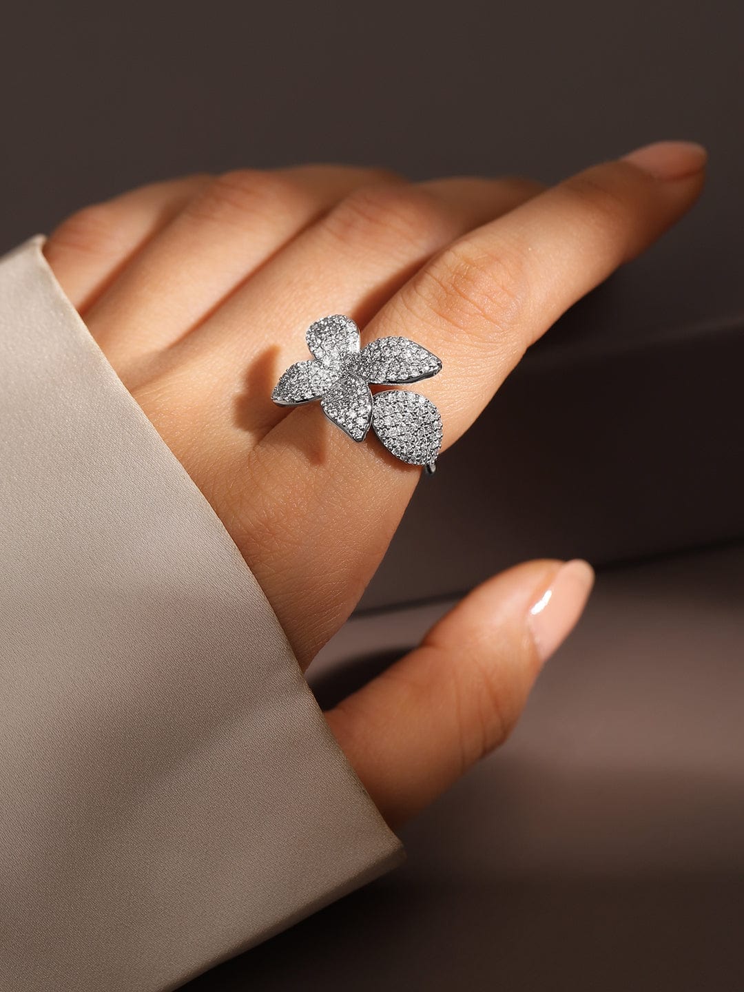 Rhodium-Plated Cubic Zirconia Studded Floral Openable Adjustable Statement Ring - Silver