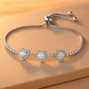Rhodium Plated Cubic Zirconia Studded Heart Adjustable Chain Charm Bracelet - Silver